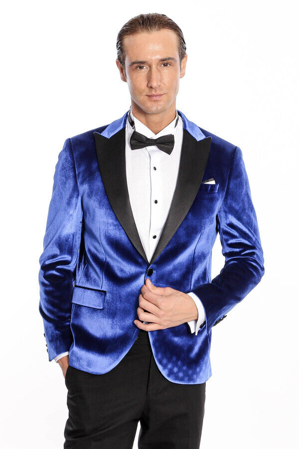 Velvet Navy Blue Slim Fit Men Prom Blazer - Wessi