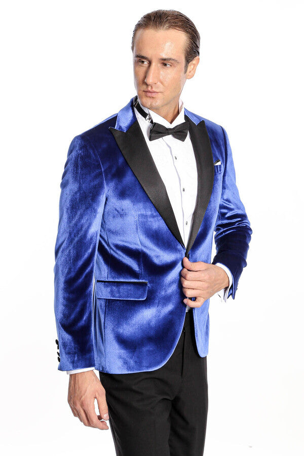 Blazer de fiesta ajustado de terciopelo azul marino para hombre - Wessi