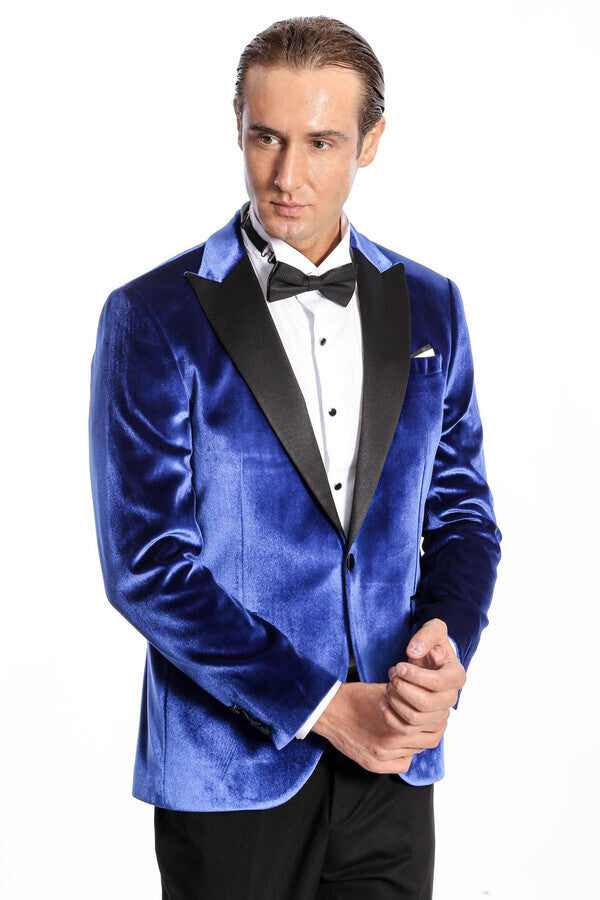 Velvet Navy Blue Slim Fit Men Prom Blazer - Wessi