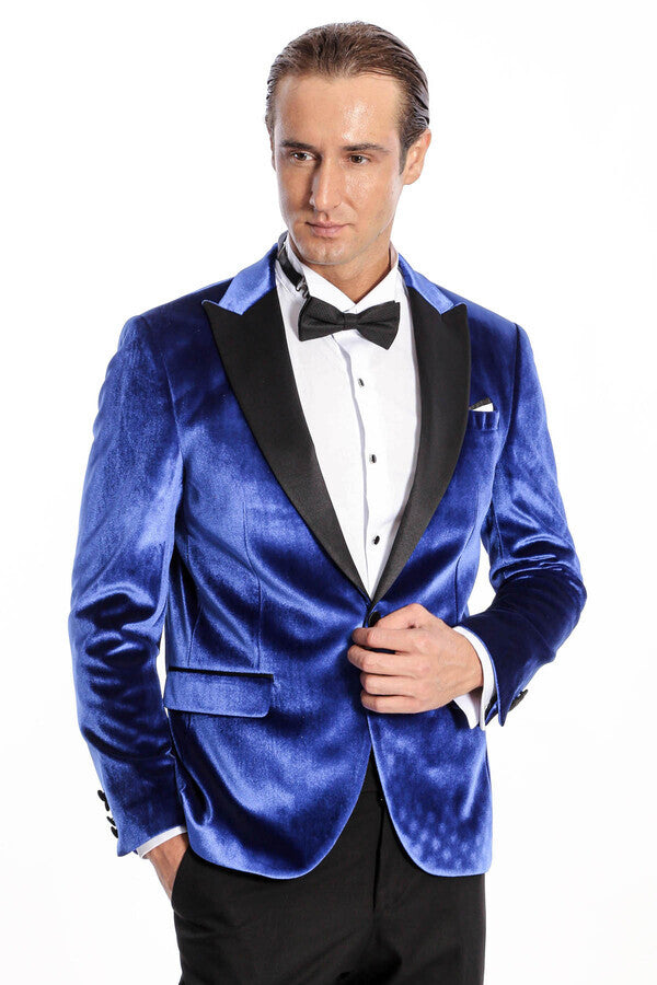 Blazer de fiesta ajustado de terciopelo azul marino para hombre - Wessi