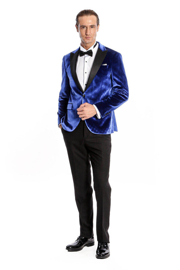 Blazer de fiesta ajustado de terciopelo azul marino para hombre - Wessi