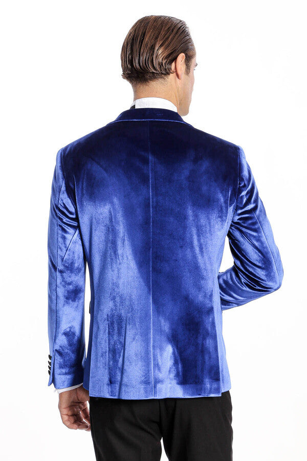 Blazer de fiesta ajustado de terciopelo azul marino para hombre - Wessi