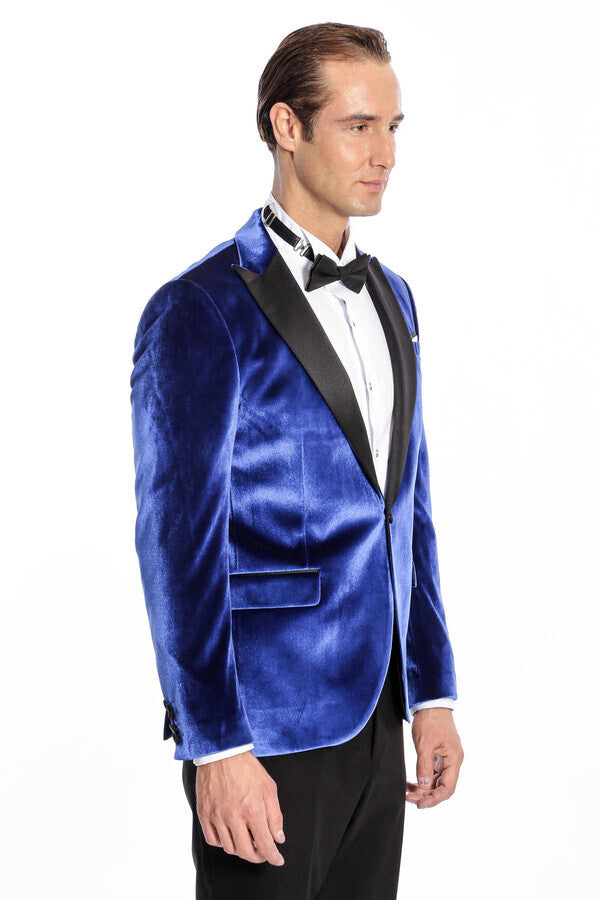 Blazer de fiesta ajustado de terciopelo azul marino para hombre - Wessi