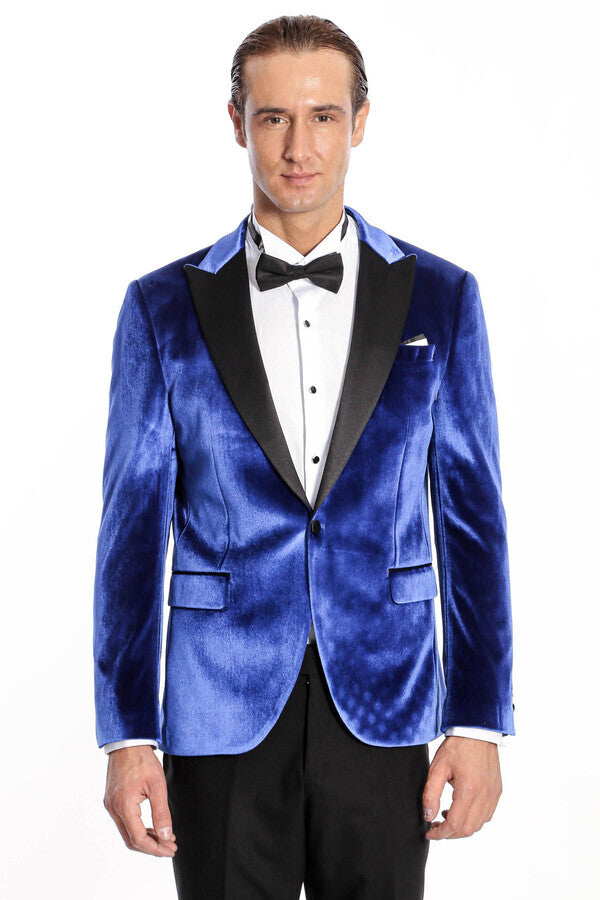 Blazer de fiesta ajustado de terciopelo azul marino para hombre - Wessi