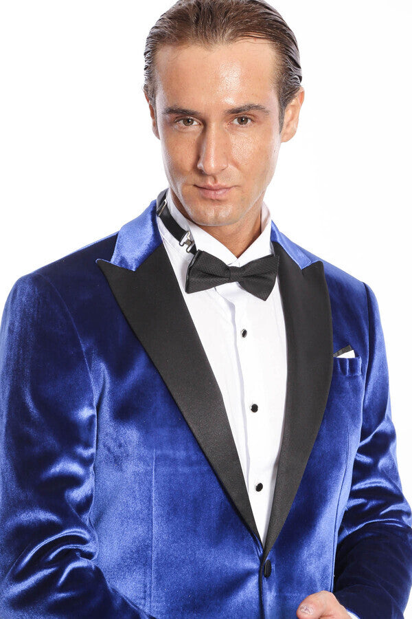 Velvet Navy Blue Slim Fit Men Prom Blazer - Wessi