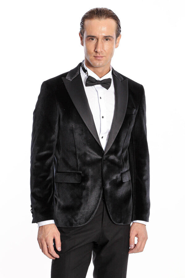 Blazer de terciopelo negro ajustado para hombre para fiesta de graduación - Wessi