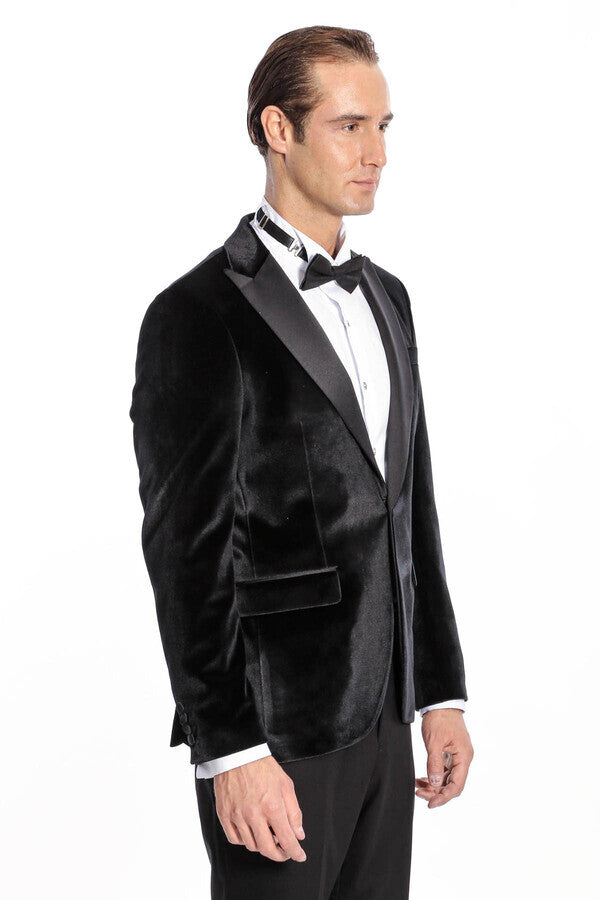 Blazer de terciopelo negro ajustado para hombre para fiesta de graduación - Wessi