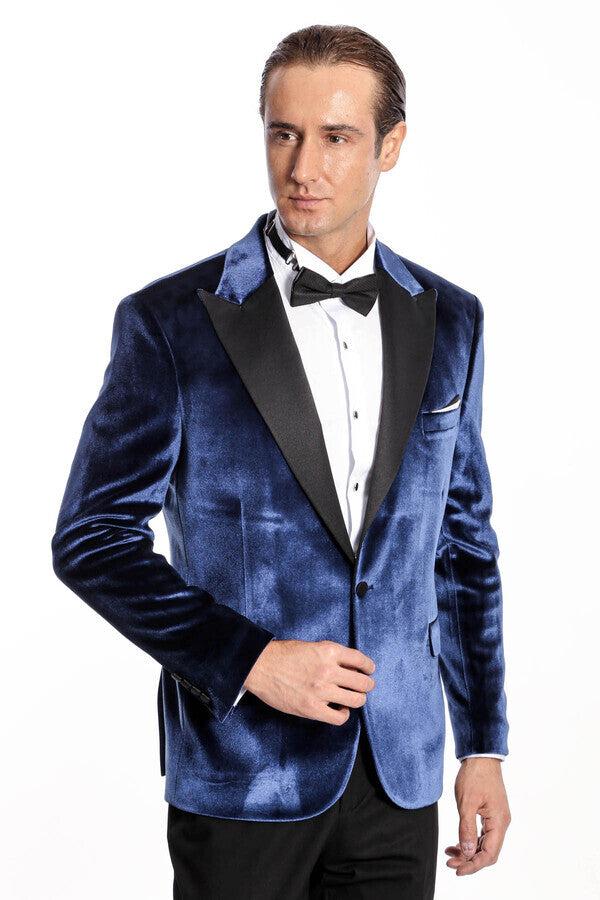 Blazer de terciopelo azul ajustado para hombre para fiesta de graduación - Wessi