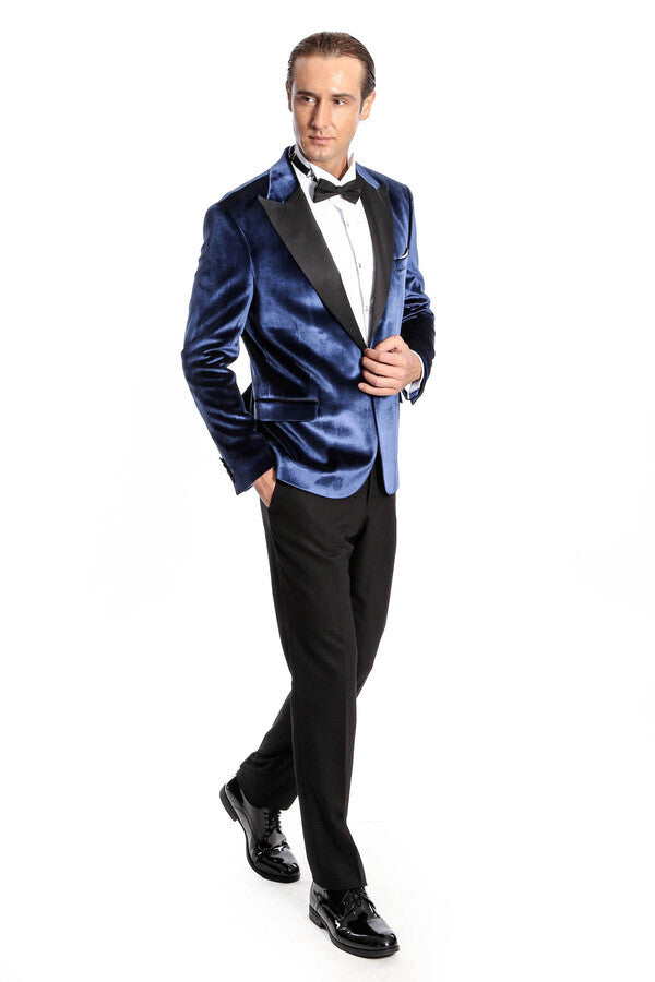 Blazer de terciopelo azul ajustado para hombre para fiesta de graduación - Wessi