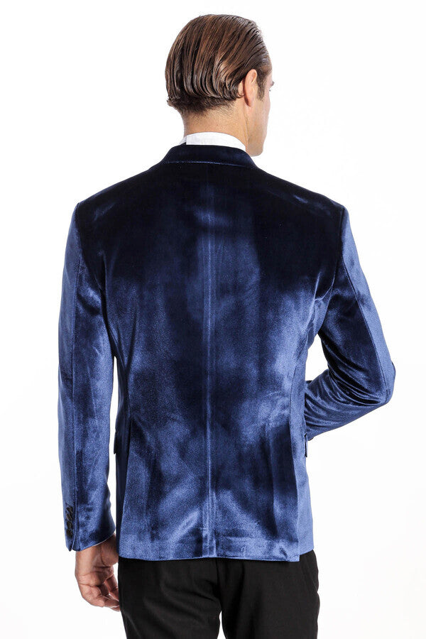 Velvet Slim Fit Blue Men Prom Blazer - Wessi