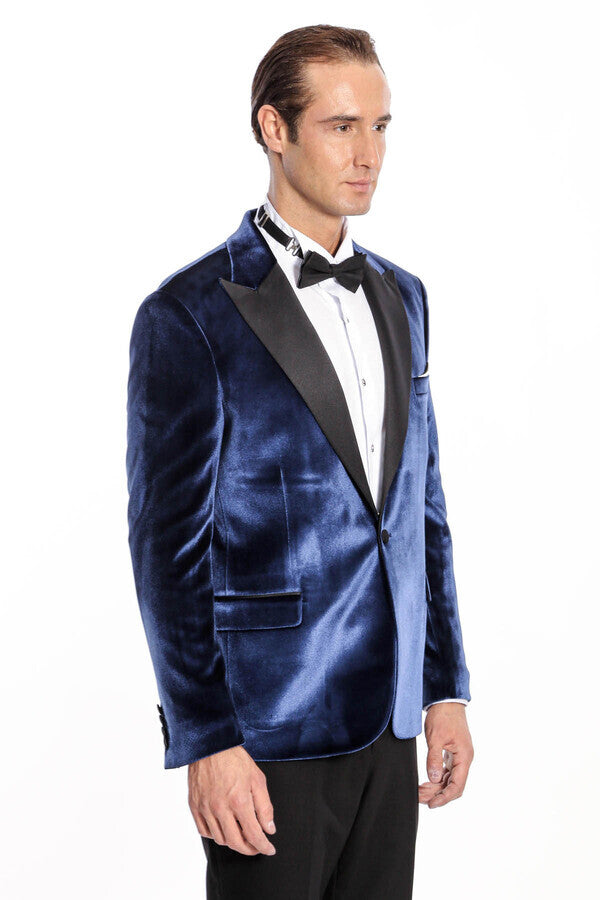 Velvet Slim Fit Blue Men Prom Blazer - Wessi