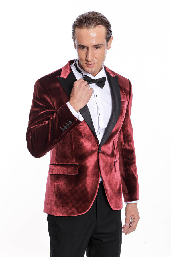 Blazer de terciopelo burdeos ajustado para hombre para fiesta de graduación - Wessi