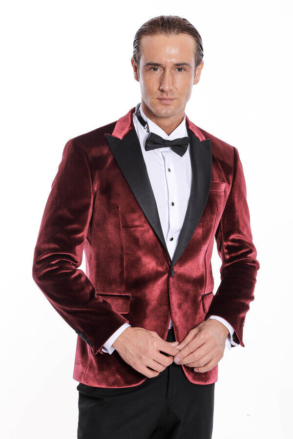 Blazer de terciopelo burdeos ajustado para hombre para fiesta de graduación - Wessi