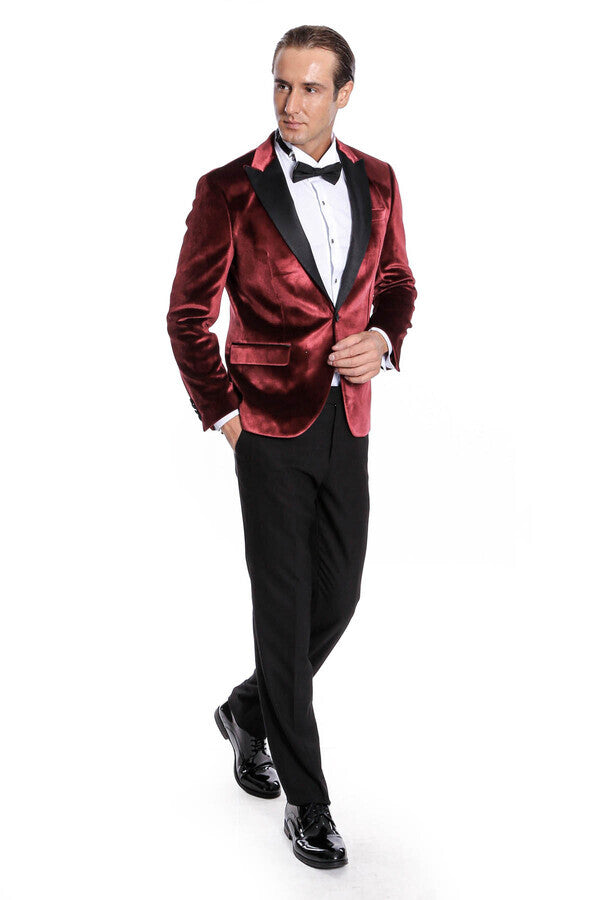 Velvet Slim Fit Burgundy Men Prom Blazer - Wessi