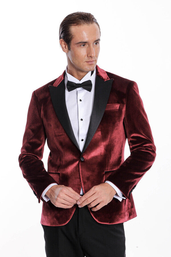 Blazer de terciopelo burdeos ajustado para hombre para fiesta de graduación - Wessi