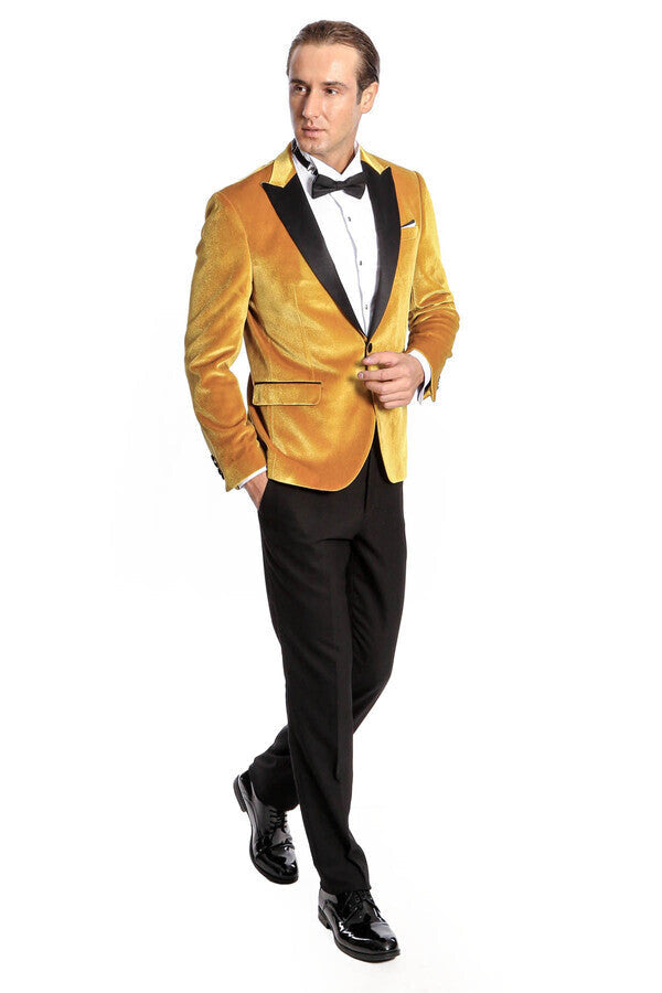 Blazer de terciopelo ajustado para hombre en color amarillo para fiesta de graduación - Wessi