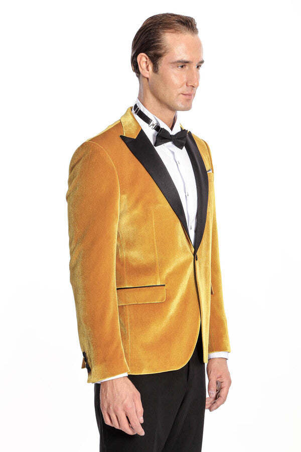 Blazer de terciopelo ajustado para hombre en color amarillo para fiesta de graduación - Wessi