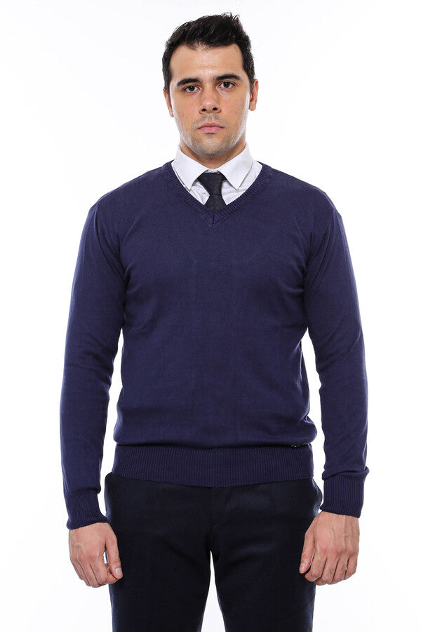 V Neck Navy Blue Men Sweater - Wessi