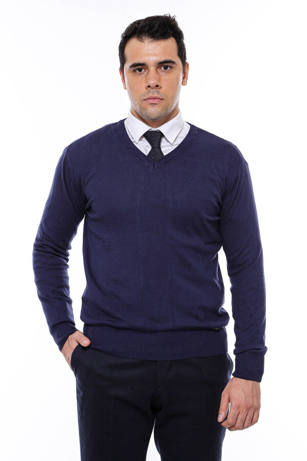 V Neck Navy Blue Men Sweater - Wessi