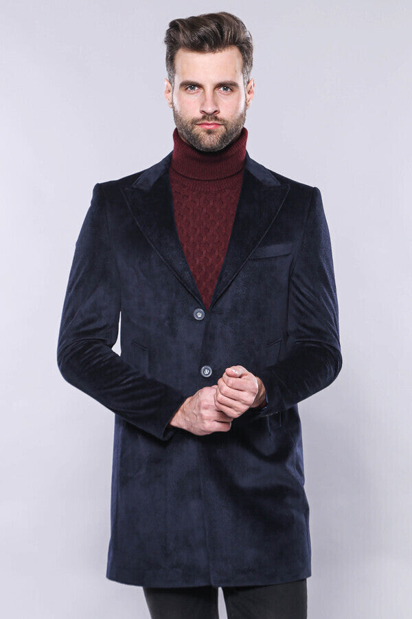 Wide Lapel Cachet Navy Blue Men Coat - Wessi