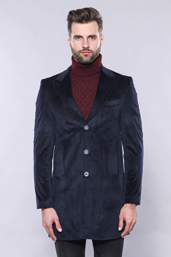 Wide Lapel Cachet Navy Blue Men Coat - Wessi