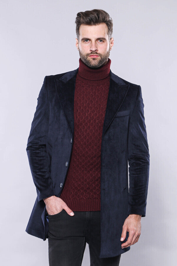 Wide Lapel Cachet Navy Blue Men Coat - Wessi