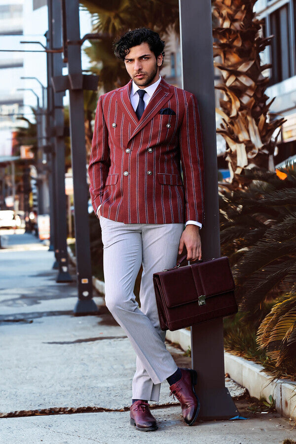 Wide Lapel Striped Double Breasted Burgundy Men Blazer - Wessi