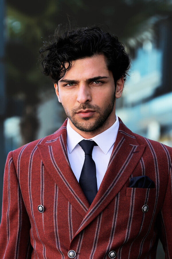 Wide Lapel Striped Double Breasted Burgundy Men Blazer - Wessi