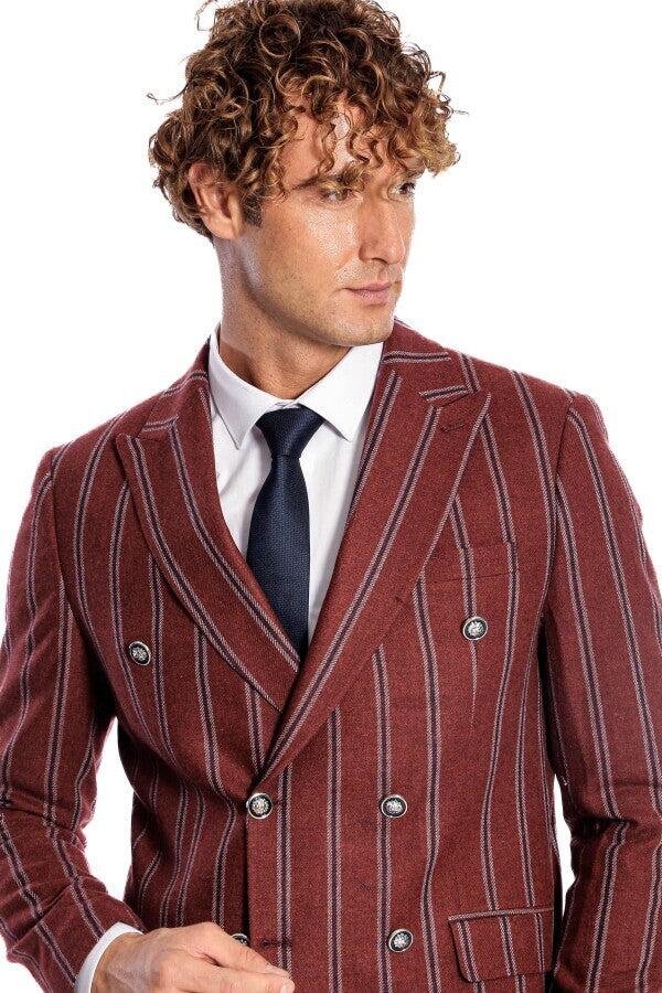 Wide Lapel Striped Double Breasted Burgundy Men Blazer - Wessi