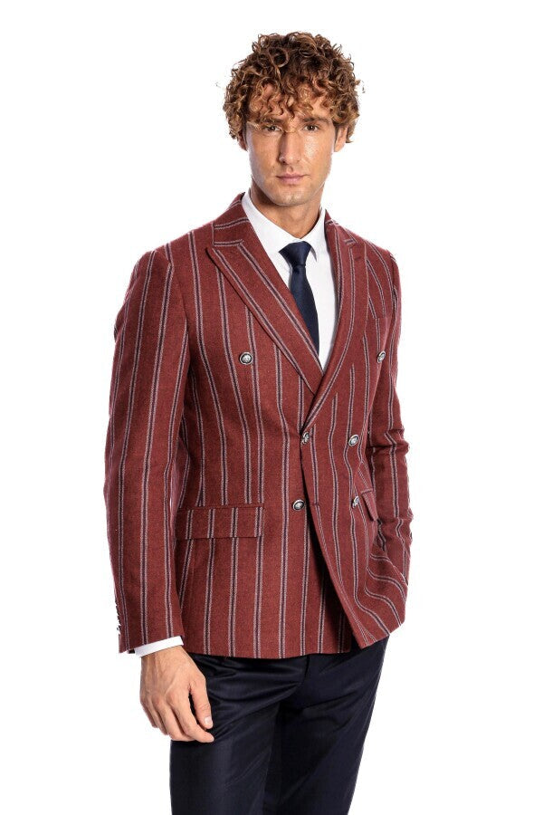 Wide Lapel Striped Double Breasted Burgundy Men Blazer - Wessi