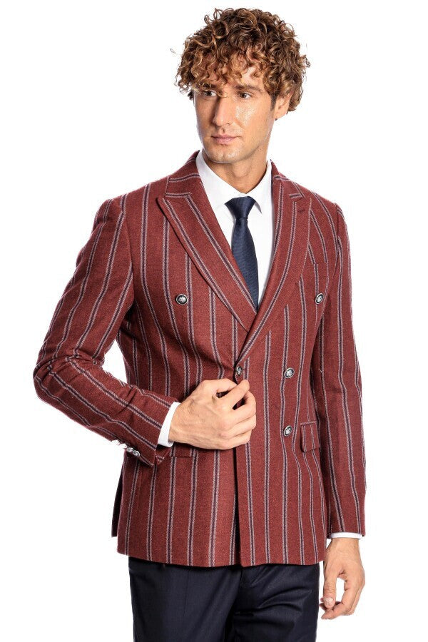 Blazer cruzado a rayas con solapa ancha para hombre en color burdeos - Wessi