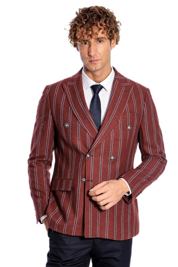 Blazer cruzado a rayas con solapa ancha para hombre en color burdeos - Wessi