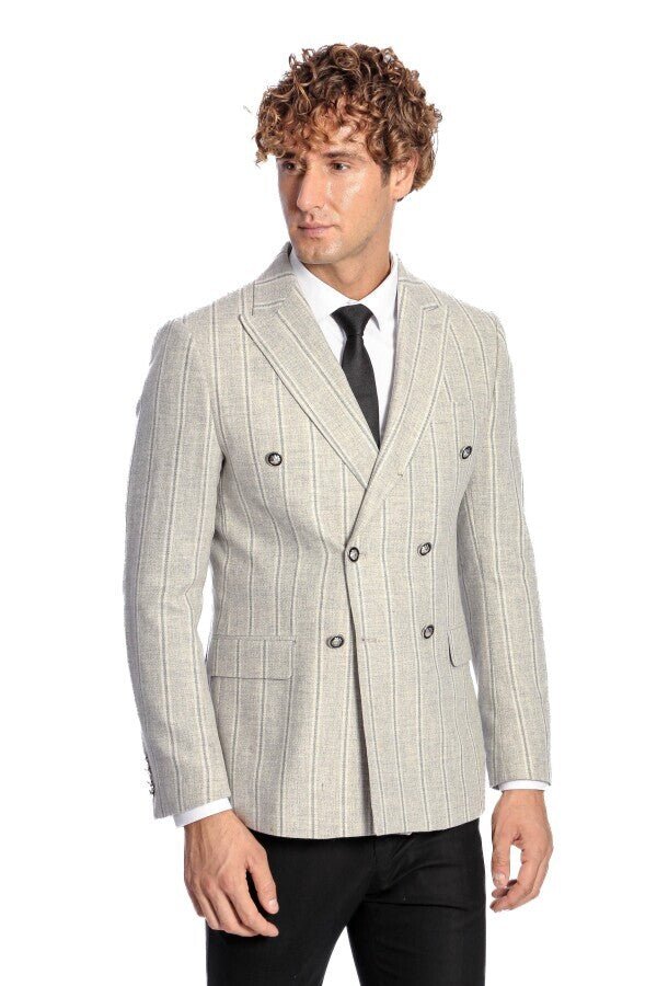 Blazer cruzado a rayas con solapas anchas para hombre en gris - Wessi