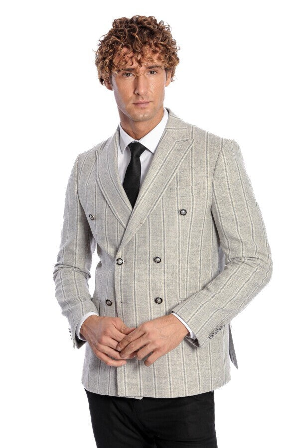 Blazer cruzado a rayas con solapas anchas para hombre en gris - Wessi