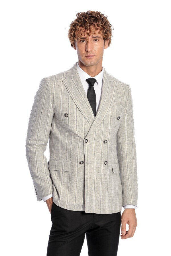 Wide Lapel Striped Double Breasted Grey Men Blazer - Wessi