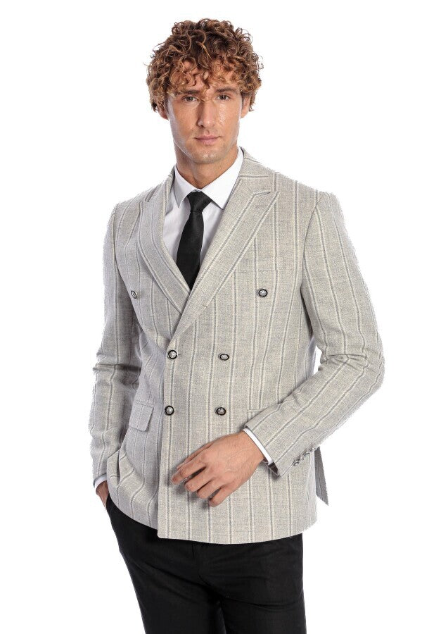 Blazer cruzado a rayas con solapas anchas para hombre en gris - Wessi