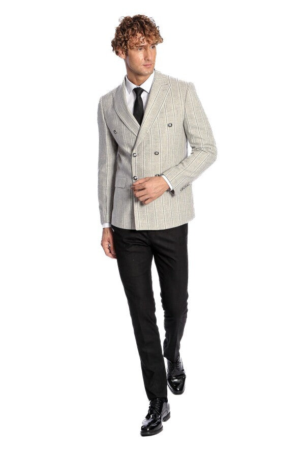 Wide Lapel Striped Double Breasted Grey Men Blazer - Wessi