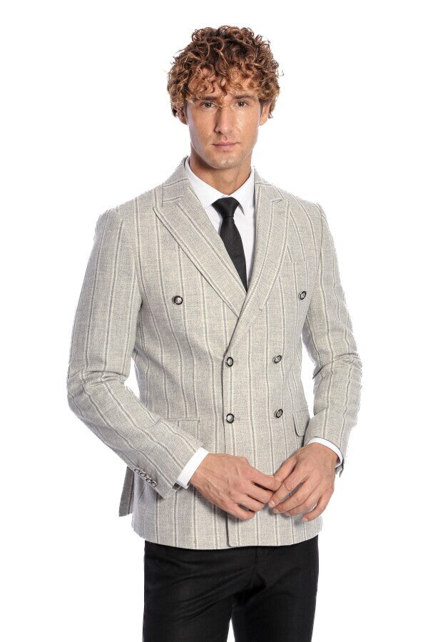 Wide Lapel Striped Double Breasted Grey Men Blazer - Wessi