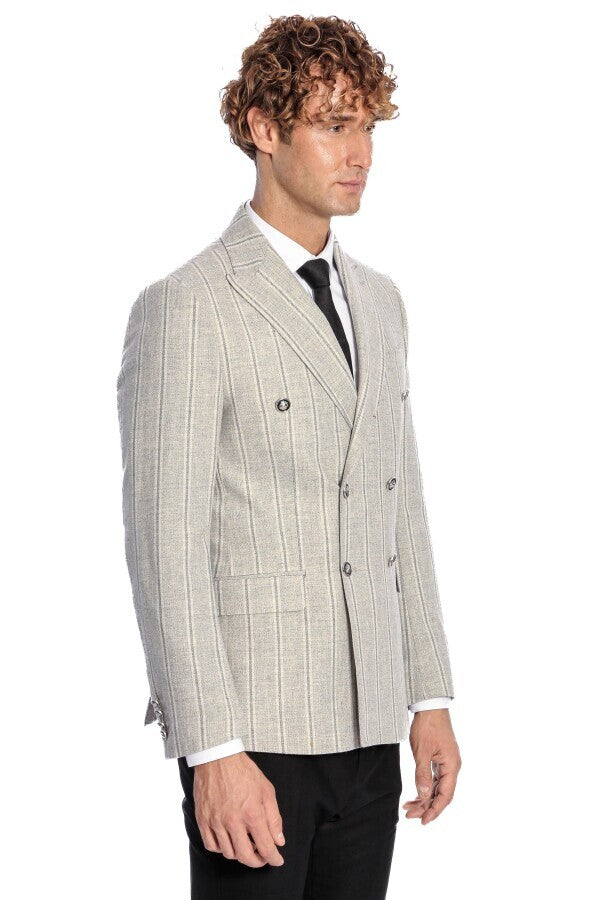 Blazer cruzado a rayas con solapas anchas para hombre en gris - Wessi