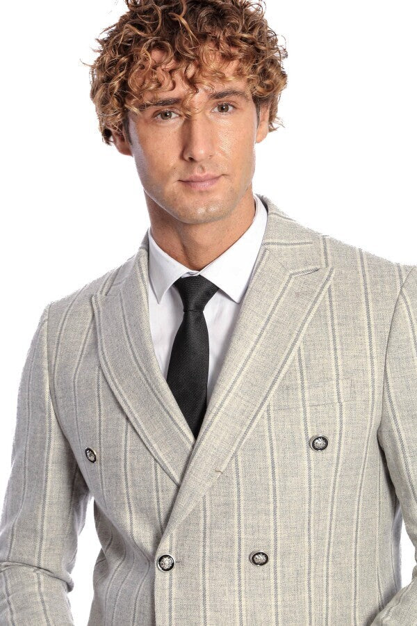 Blazer cruzado a rayas con solapas anchas para hombre en gris - Wessi