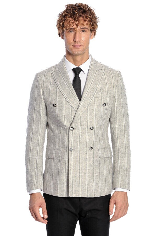 Blazer cruzado a rayas con solapas anchas para hombre en gris - Wessi