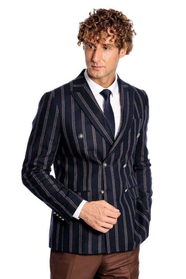 Wide Lapel Striped Double Breasted Navy Blue Men Blazer - Wessi