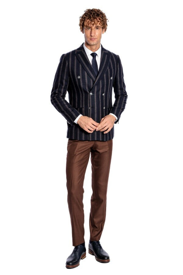 Wide Lapel Striped Double Breasted Navy Blue Men Blazer - Wessi