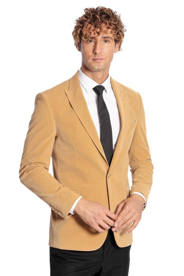 Blazer de terciopelo color albaricoque con solapas anchas para hombre - Wessi