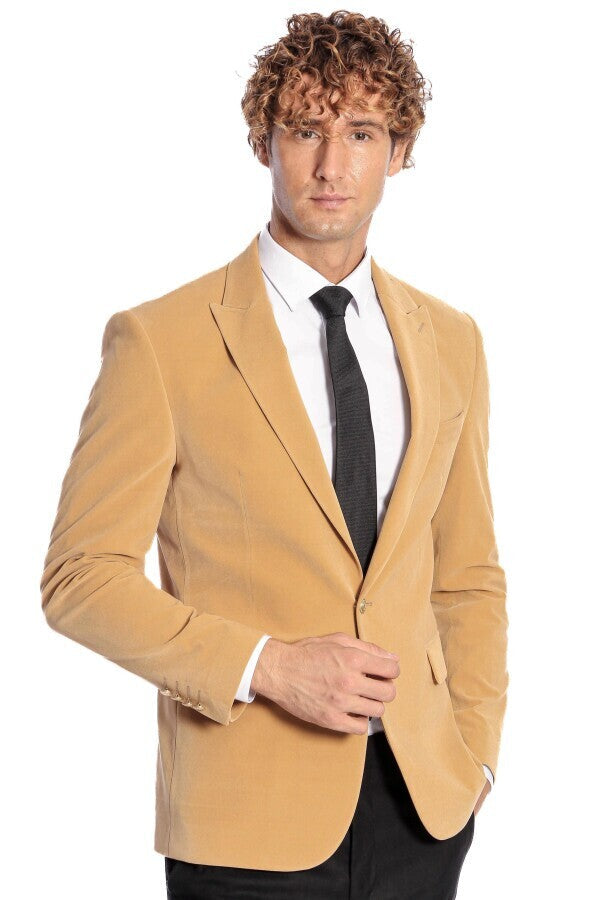 Blazer de terciopelo color albaricoque con solapas anchas para hombre - Wessi