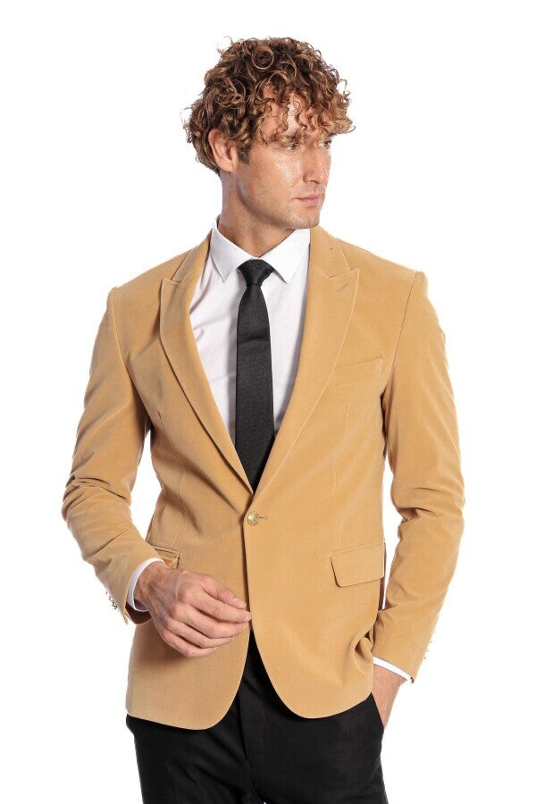 Blazer de terciopelo color albaricoque con solapas anchas para hombre - Wessi