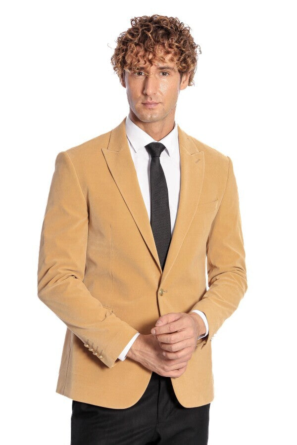 Blazer de terciopelo color albaricoque con solapas anchas para hombre - Wessi