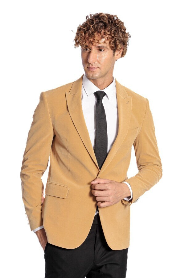 Blazer de terciopelo color albaricoque con solapas anchas para hombre - Wessi