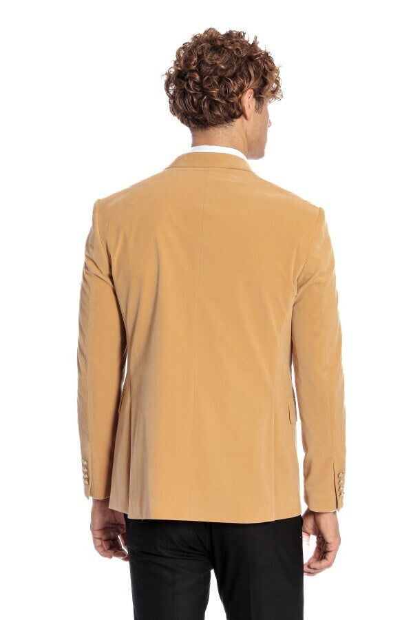 Wide Lapel Velvet Apricot Men Blazer - Wessi