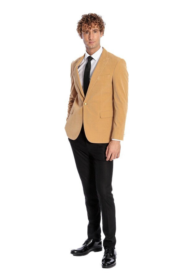 Wide Lapel Velvet Apricot Men Blazer - Wessi